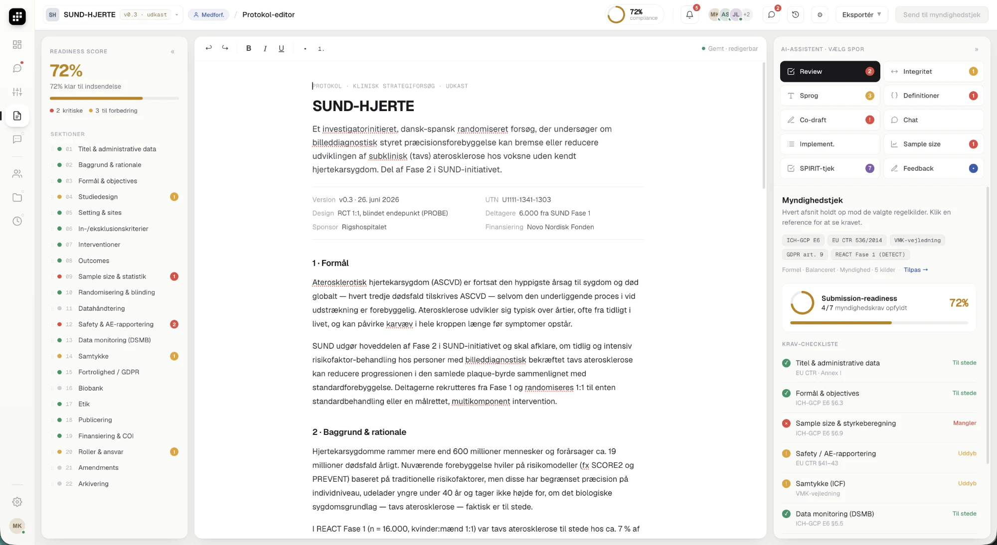 Protocol AI Editor & Review med readiness-score og myndighedstjek